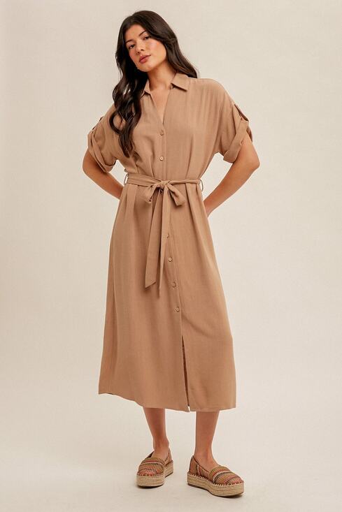 Hem & Thread Dresses & Skirts - V-neck Self Tie Belt Short Sleeve Shirt Dress